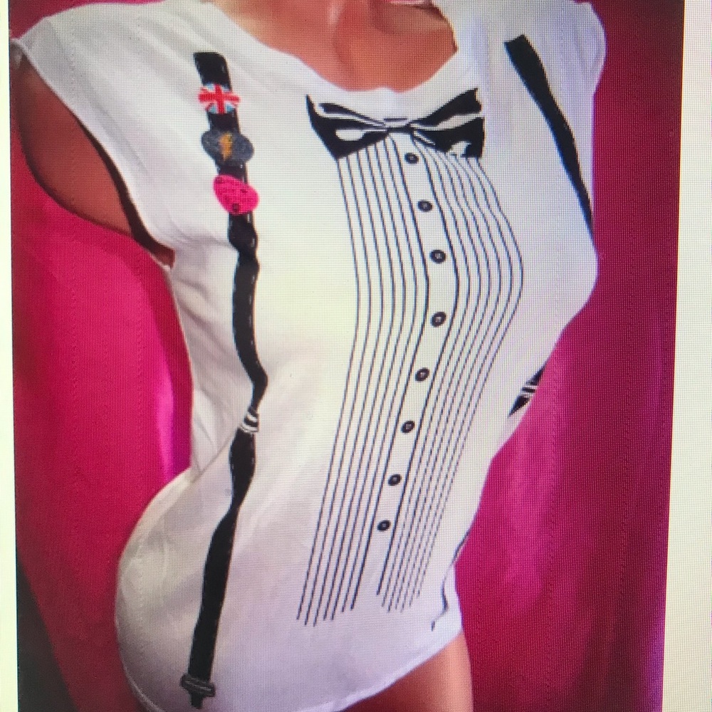 Betsey Johnson t shirt white tuxedo suspenders tee cropped sleeve